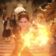 Giselle with a fireball at a staircase
